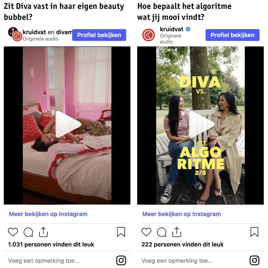 Instagram-video’s ter promotie van Diva Brons’ docuserie ‘Diva vs. Het Algoritme’ voor Kruidvat